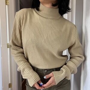 Vintage 70s Beige‎ Mockneck Rib Knit Sweater Large